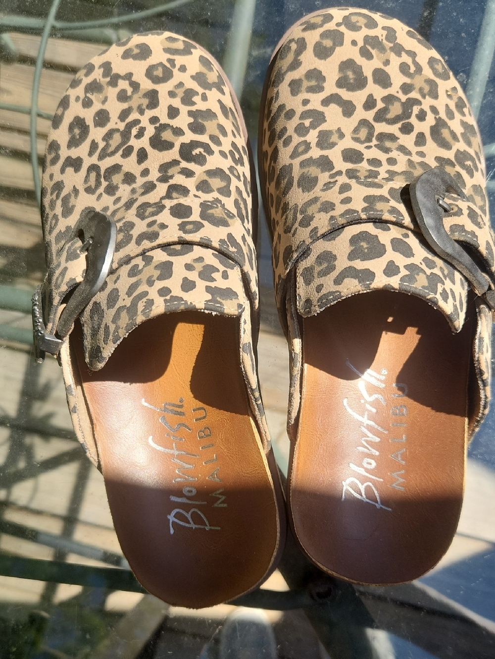 Blowfish Leopard Print Buckle Clogs in Tan and Black